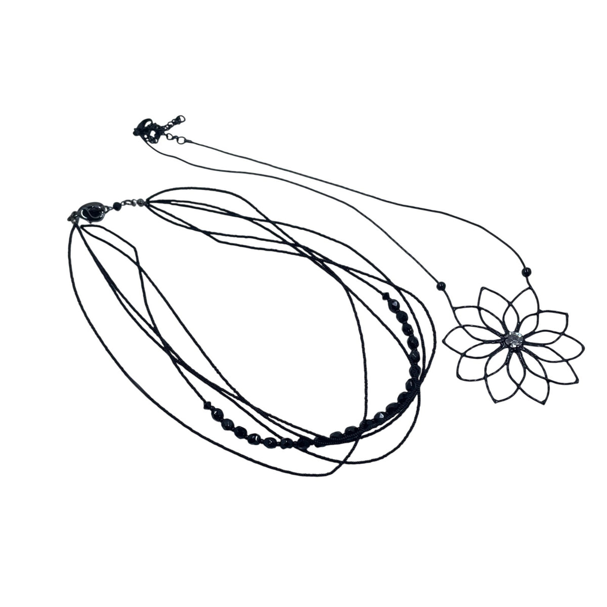 Elegant Black Multi-Strand Lotus Pendant Necklace Set