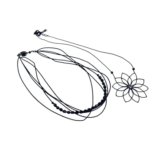 Elegant Black Multi-Strand Lotus Pendant Necklace Set