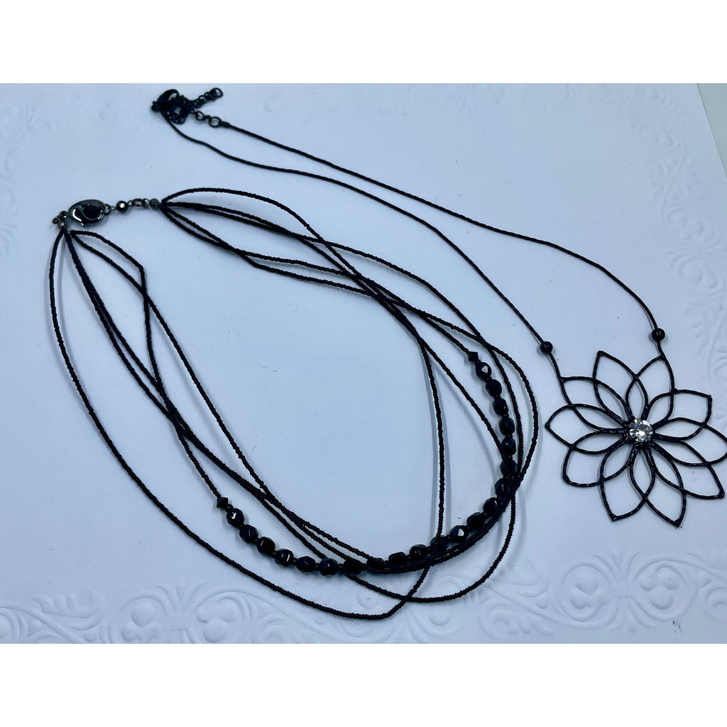Elegant Black Multi-Strand Lotus Pendant Necklace Set