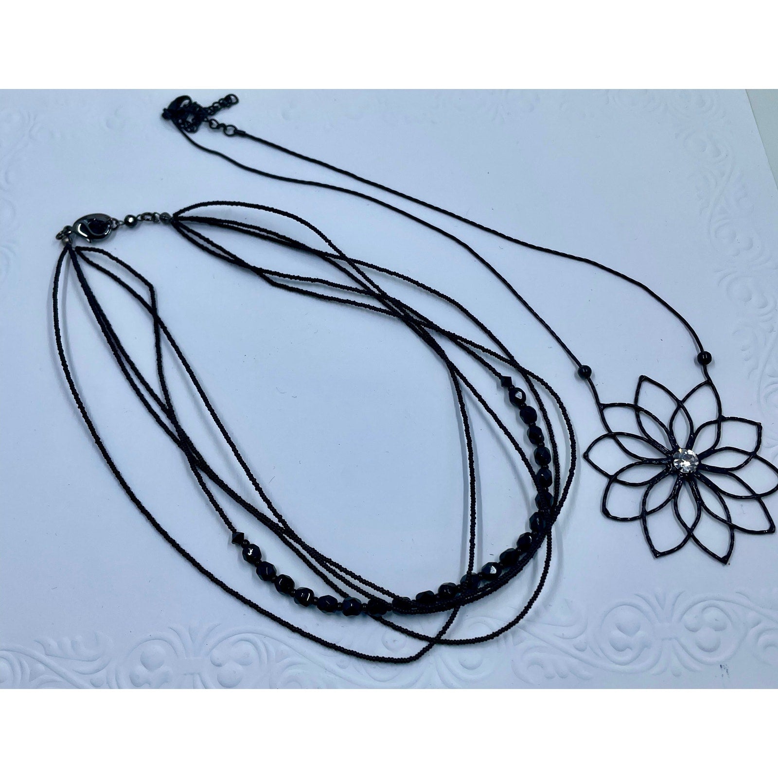 Elegant Black Multi-Strand Lotus Pendant Necklace Set